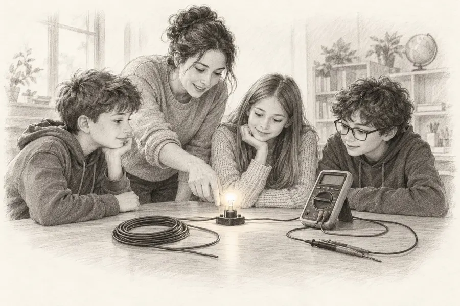 Ilustración a grafito de la parte VIII: La electricidad