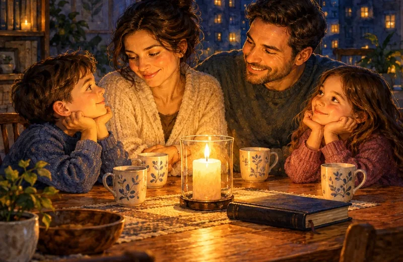 A family reading together by candlelight