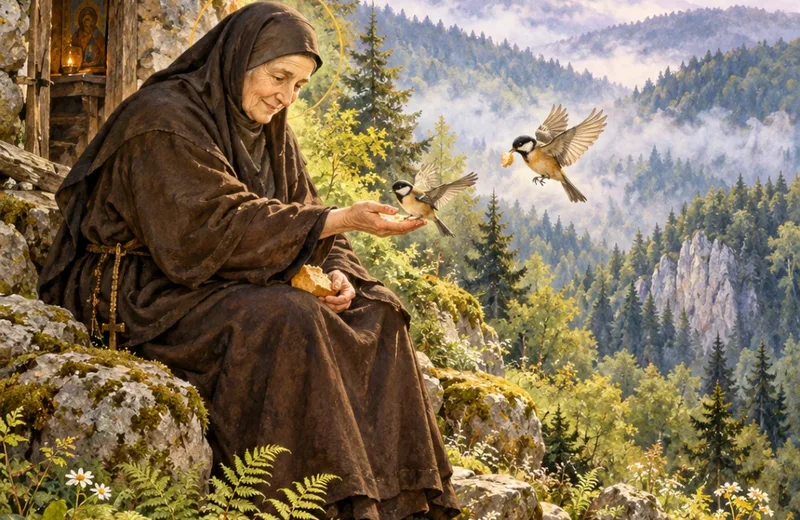 Sfânta Parascheva hrănind păsările, într-o pădure de munte