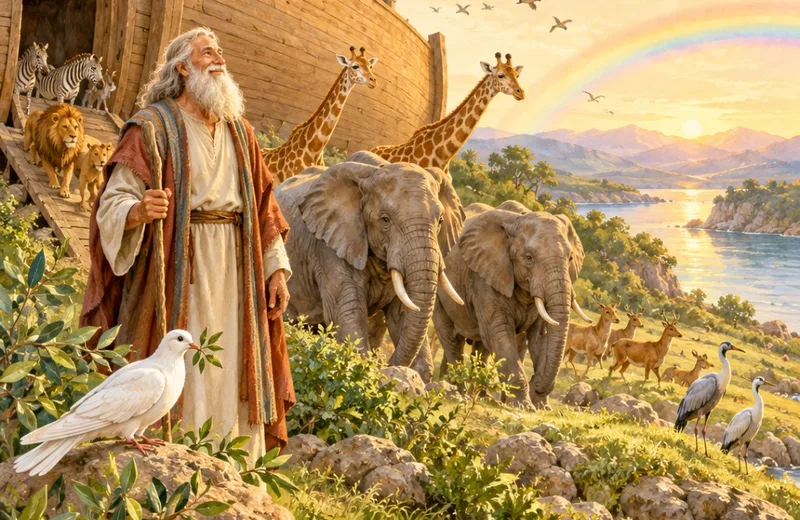Noah’s ark with the animals under a rainbow