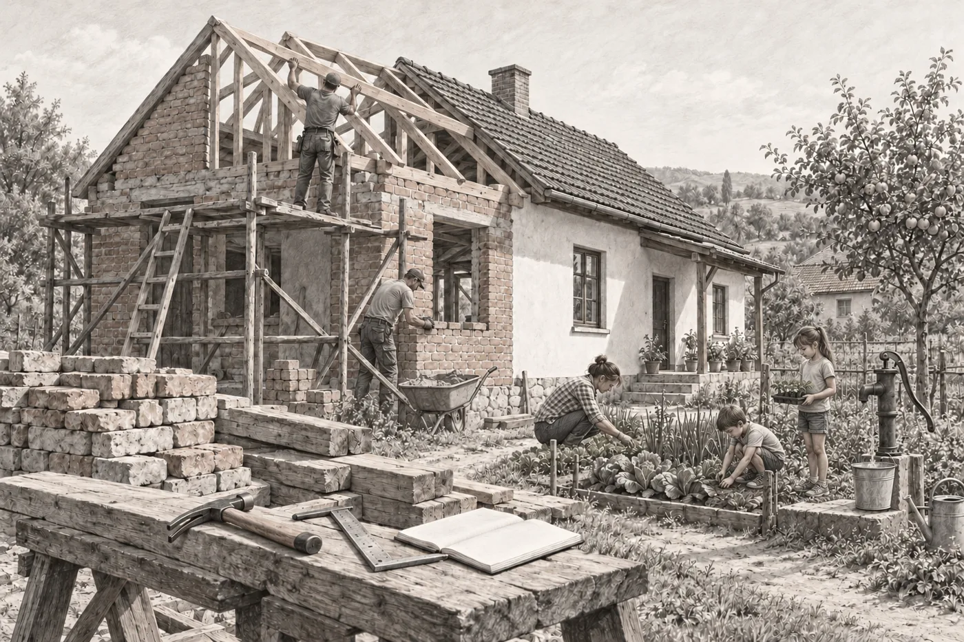 Ilustrație în grafit de pe copertă: o casă reconstruită, oameni care lucrează împreună